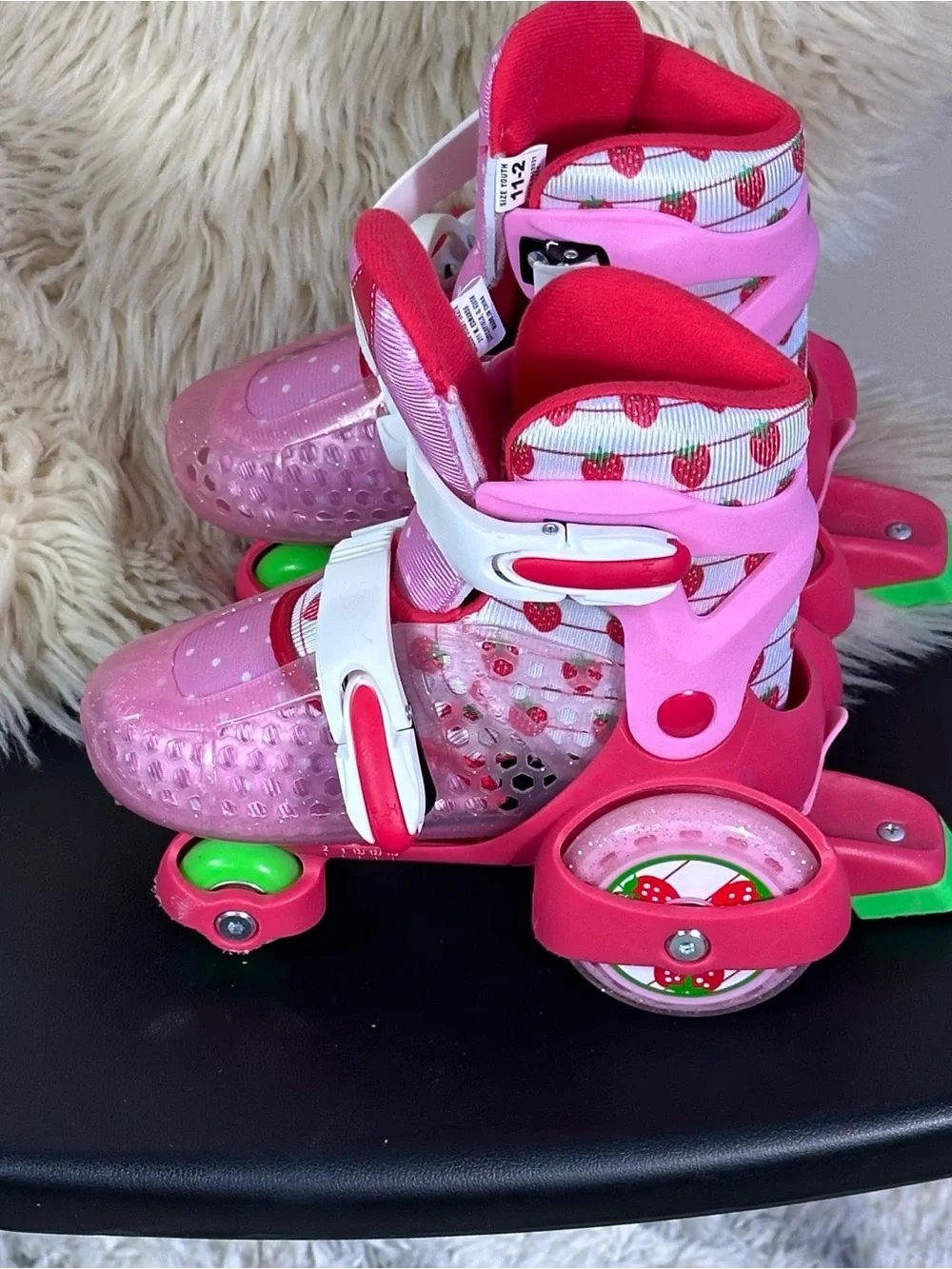 Adjustable Kids Pink Strawberry-Print Light-Up Roller Skates